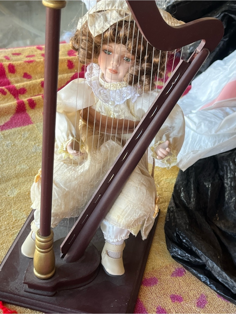 Porcelain Doll with Harp - Cream Dress